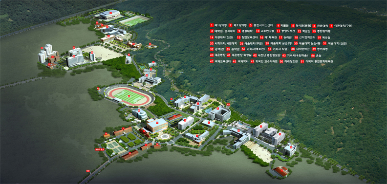 1. 제1강의동, 2. 제2강의동, 3. 종합서비스센터, 4. 박물관, 5. 청석관(본관), 6. 인문대학, 7. 이공대학(구관), 8. 대학원&middot;법과대학, 9. 경상대학, 10. 교수연구동, 11. 중앙도서관, 12. 학군단, 13. 종합강의동, 14. 이공대학(신관), 15. 창업보육센터, 16. 제1체육관, 17. 승리관, 18. 산학협력센터, 19. 목공실, 20. 사회과학/사범대학, 26. 예술대학(구관), 29. 예술대학 실습3동, 30. 예술대학 실습4동, 31. 예술대학(신관), 32. 공예관, 35. 음악관, 36. 기숙사(예지관), 37. 기숙사 식당, 38. 대학문화관, 39. 동아리동, 40. 대운동장, 41. 대운동장 화장실, 42. 새천년 종합정보관, 43. 기숙사(우암마을), 46. 온실, 47. 국제교육센터, 48. 국제학사, 49. 외국인 교수아파트, 50. 미래창조관, 51. 다목적 종합문화체육관